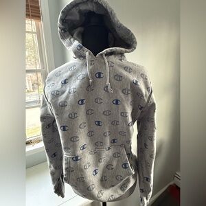 Champion Reverse Weave Gray Hoodie with Blue Allover Logos